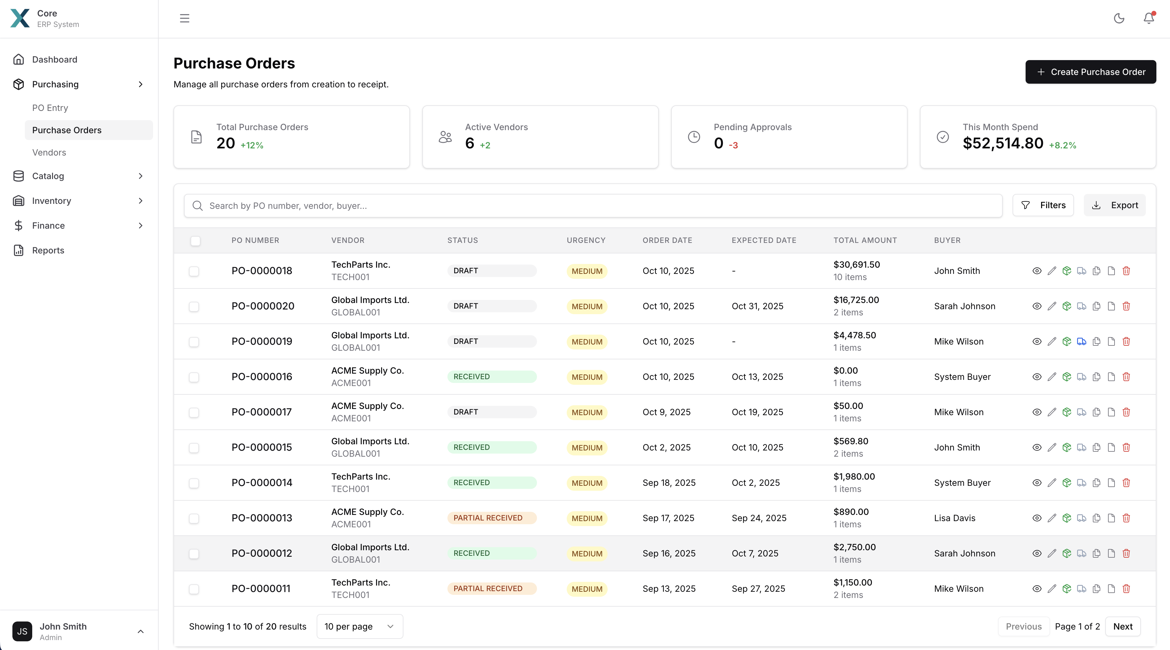 Purchase Order Dashboard - showing PO list with status indicators, vendors, and amounts